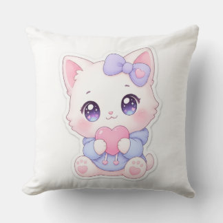 Coussin Kawaii Chaton Blanc Cœur & Nœud Violet