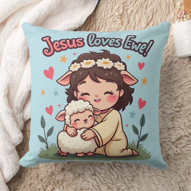 Coussin Kawaii Christian "Jesus aime Ewe" Pastel Design (Couverture)