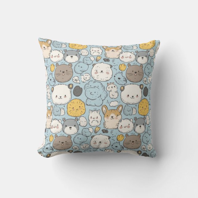 Coussin Kawaii Frenzy : Doodle Whimsical des animaux migno (Recto)