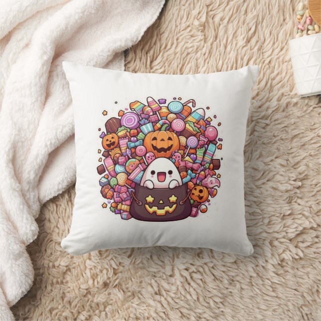 Coussin Kawaii Halloween Candy Cute Ghost, Citrouille (Couverture)