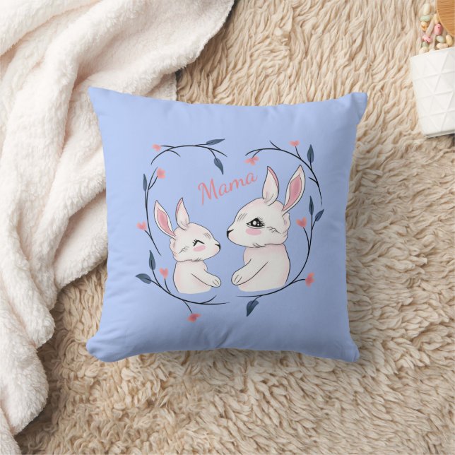 Coussin kawaii maman lapin et son bébé avec des fleurs (Couverture)