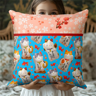 Coussin Kawaii Maneki Neko   Style Floral Kimono Bleu