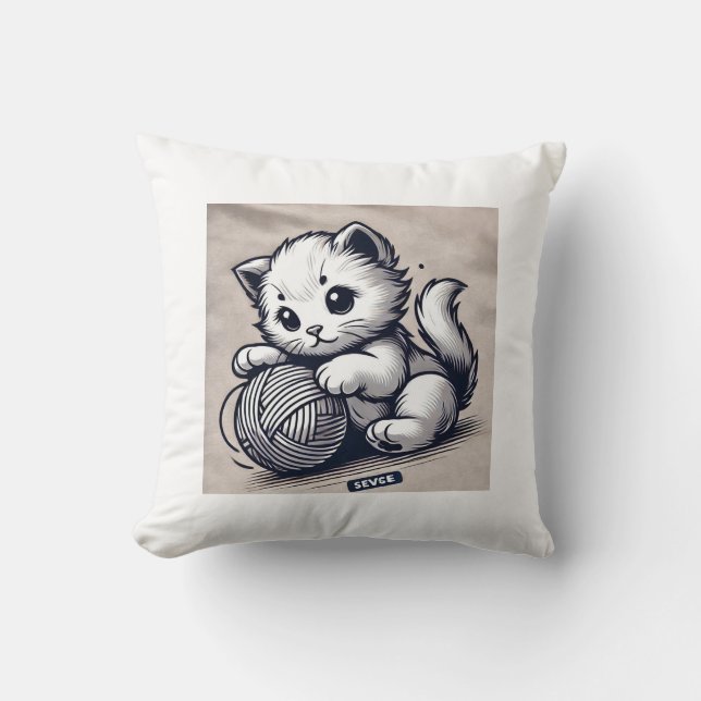 Coussin Kitten en Jeu avec fil - Art en Encre Adorable (Recto)