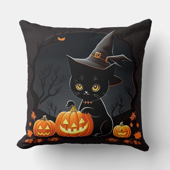 Coussin Kitten noir en Casquette sorcier au milieu des Cit (Recto)