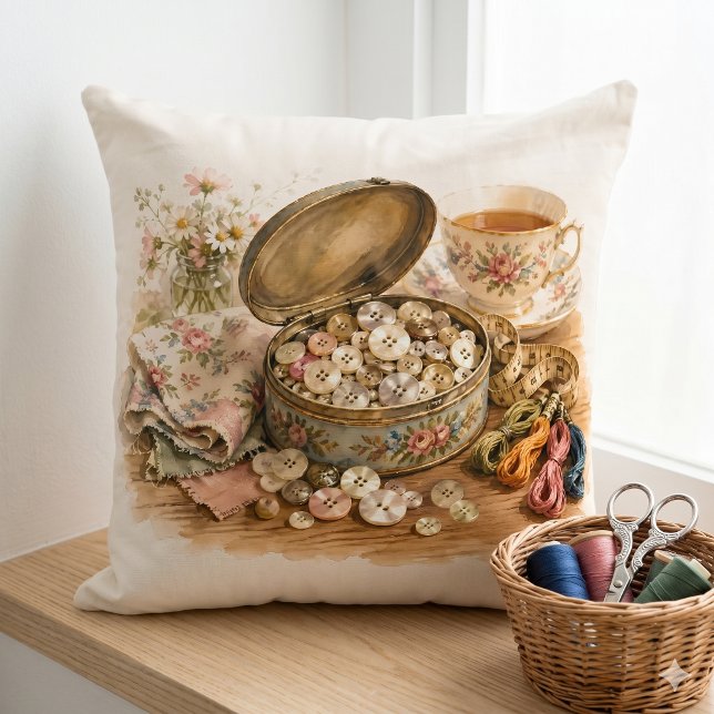 Coussin La Boîte en Fer-Blanc du Bouton (The Button Tin Throw Pillow)