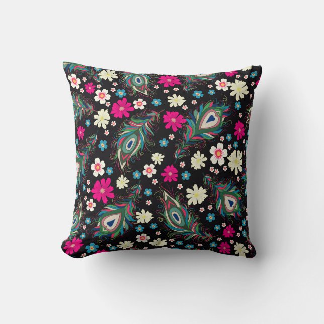 Coussin La broderie paon plumes motif sans soudure. Classe (Recto)