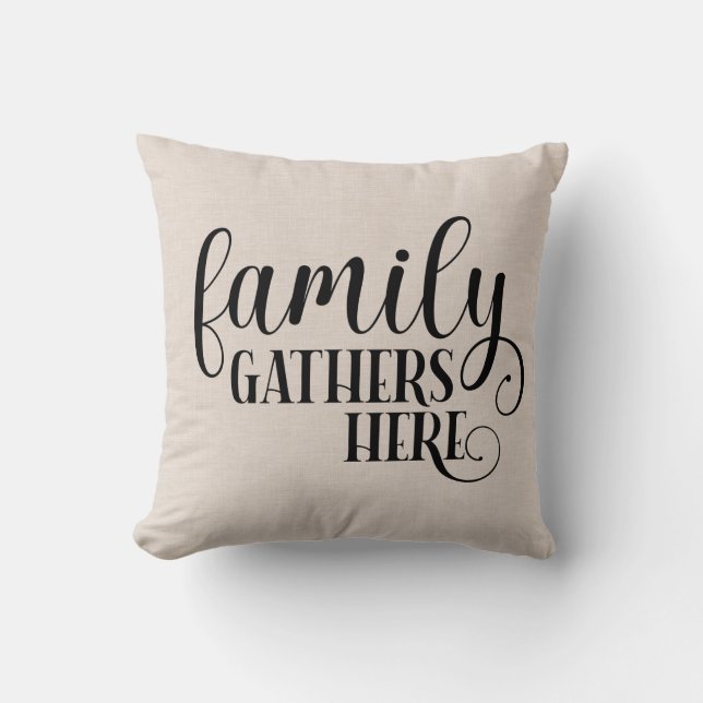 Coussin La famille de lin moderne Faux se réunit ici (Recto)