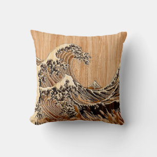 Coussin La Grande Vague Hokusai Style Bamboo Bois