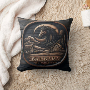 Coussin La sculpture en bois avec le paysage du cheval et 