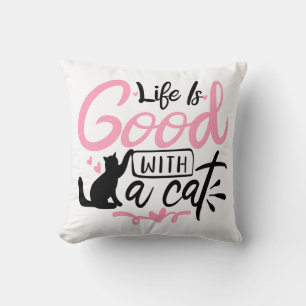 Coussin La vie est bonne chaton Kitty maman rose chat noir
