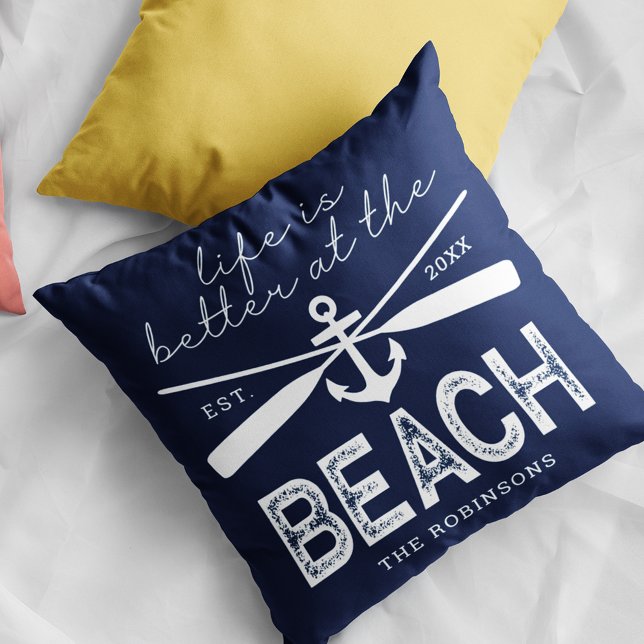 Coussin La vie est meilleure à la plage Nom de famille (Créateur téléchargé)