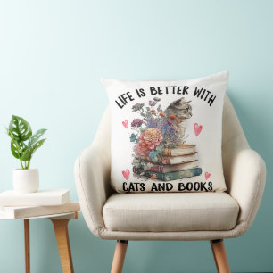 Coussin La vie est meilleure avec des chats et des livres