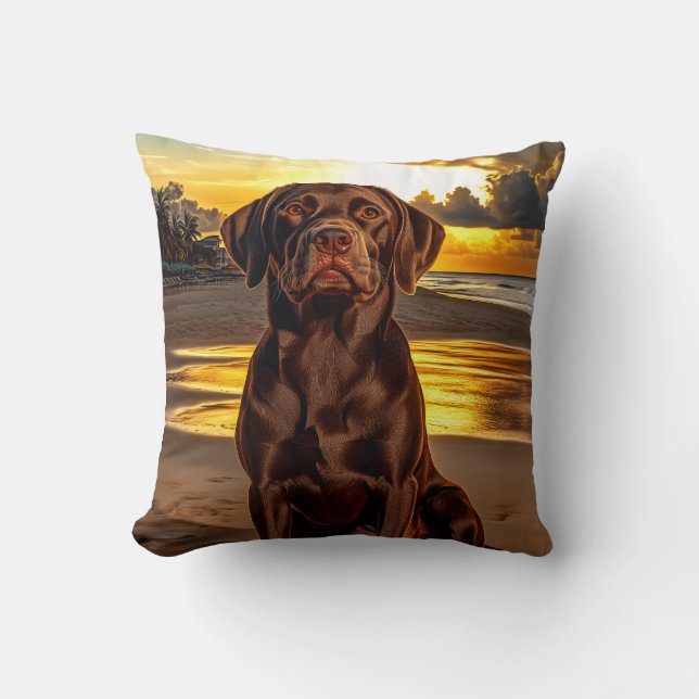 Coussin Labrador au chocolat au coucher du soleil (Recto)