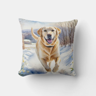 Coussin Labrador jaune Neige d'hiver Aquarelle Race de chi