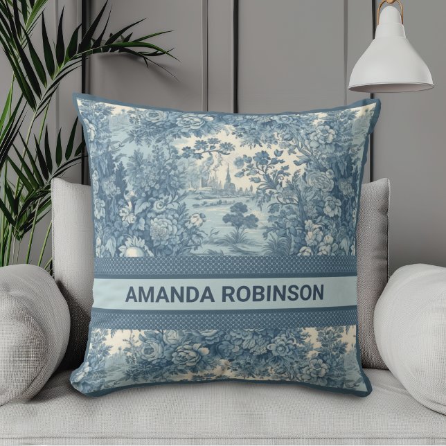 Coussin Lac fleuri vintage Blue toile de jouy monogramme (Créateur téléchargé)