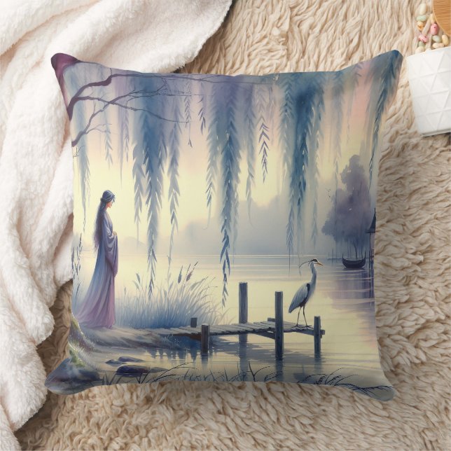 Coussin Lac Serene Imaginaire avec saule et héron (Couverture)