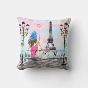 Coussin Lady avec balloon rose - I Love Paris