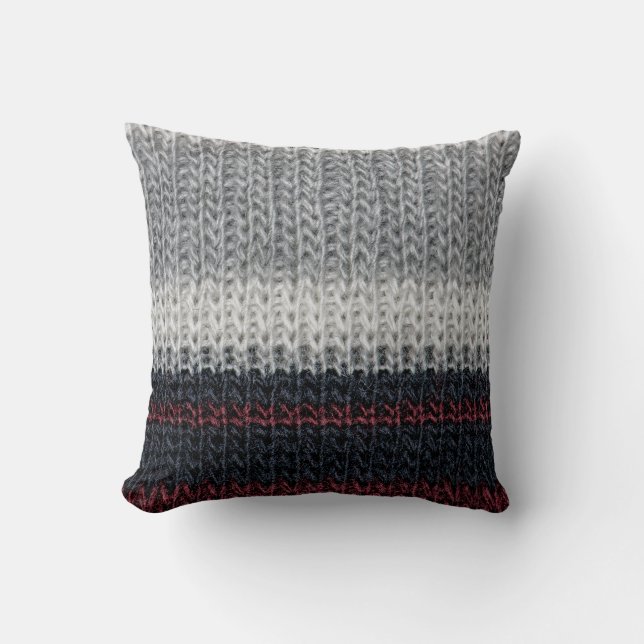 Coussin Laine de tricot : rouge, rayures blanches. (Recto)