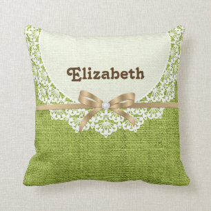 Coussin Lait blanche avec dentelle et chaux vert burlap