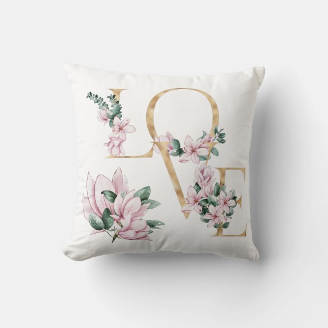 Coussin L'amour dans la lettre d'or avec les fleurs de mag (Recto)