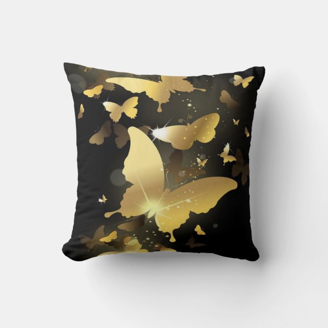 Coussin Lancer l'oreiller/le noir avec des papillons aurie (Recto)