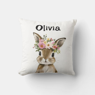 Coussin Lapin bébé personnalisé avec couronne fleurie