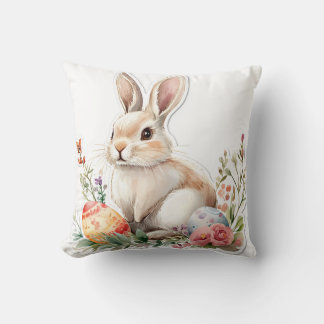 Coussin Lapin d'aquarelle avec des oeufs de fleurs et de P