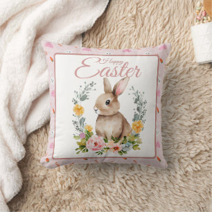 Coussin Lapin de Pâques à l'aquarelle avec couronne floral