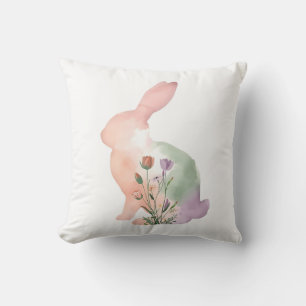 Coussin Lapin de Pâques Floral Silhouette Aquarelle Douce 