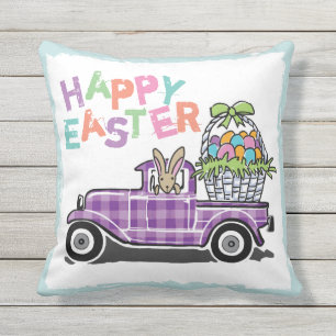 Coussin Lapin de Pâques heureux de guingan pourpre vintag