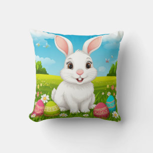 Coussin Lapin de Pâques joyeux dans la prairie avec des oe