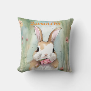Coussin Lapin de Pâques mignon Pastel Aquarelle Fleurs de