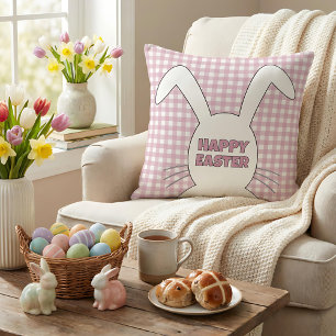 Coussin Lapin de Pâques personnalisé rose à carreaux Gingh