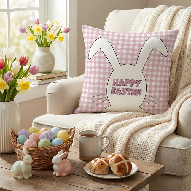 Coussin Lapin de Pâques personnalisé rose à carreaux Gingh (Créateur téléchargé)