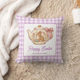 Coussin Lapin de Pâques Personnalisé Théière Gingham Famil