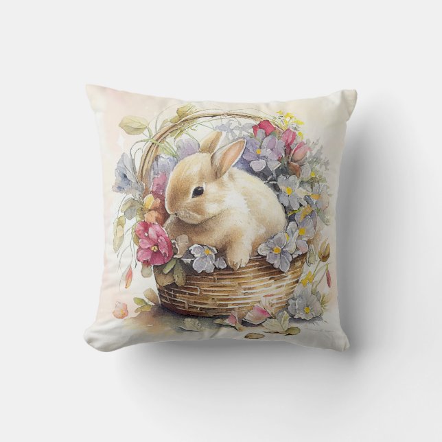 Coussin Lapin de Pâques vintage en panier avec fleurs (Recto)