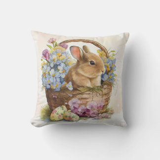 Coussin Lapin de Pâques vintage en panier avec fleurs