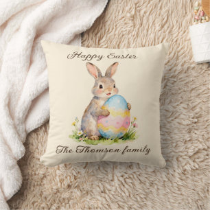Coussin Lapin de Pâques vintage joyeux avec famille d'oeuf