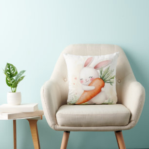 Coussin Lapin de printemps à l'aquarelle mignon Carotte