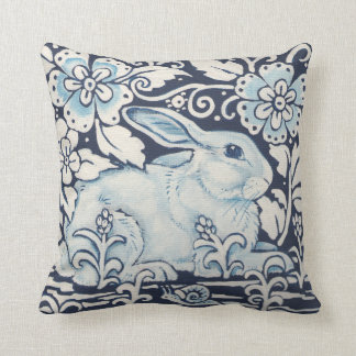 Coussin Lapin en Jardin avec Fleurs et Escargots bleu mari