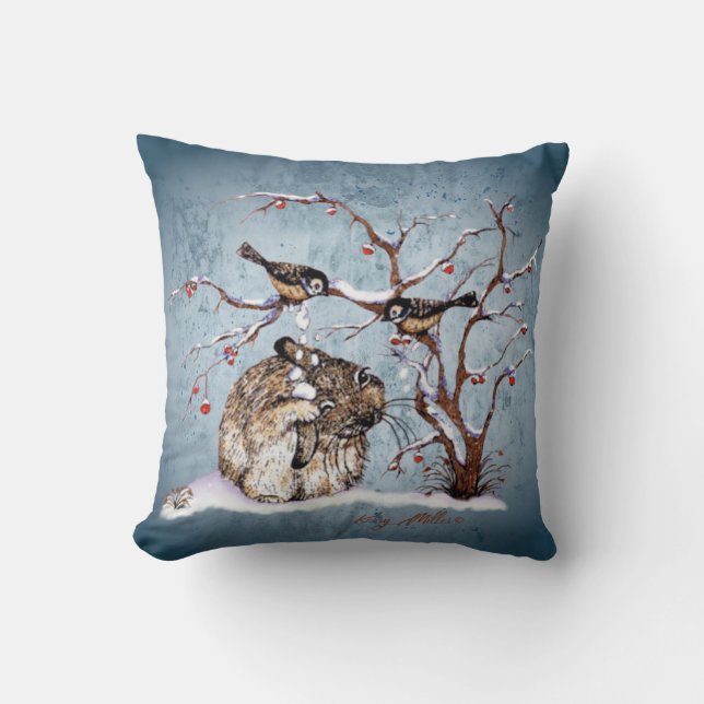 Coussin Lapin et Pesky Oiseaux de Neige (Recto)