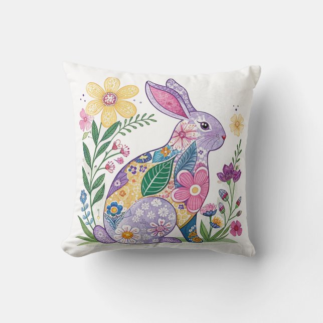 Coussin Lapin Floral De Couleurs Vives (Recto)