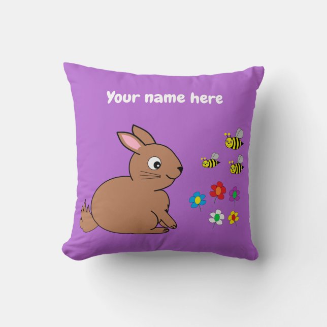 Coussin Lapin lapin, abeilles et fleurs sur lavande (Recto)