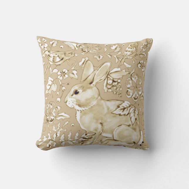 Coussin Lapin Lapin Oiseau Beige Tan, Ivory Floral Élégant (Recto)