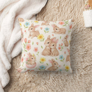 Coussin Lapin mignon à l'aquarelle et motif de fleurs prin