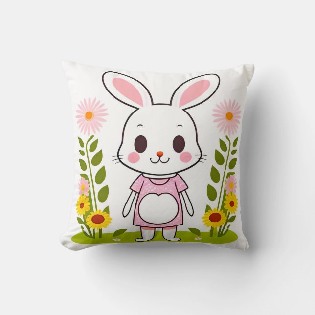 Coussin Lapin mignon en robe entouré de fleurs (Recto)
