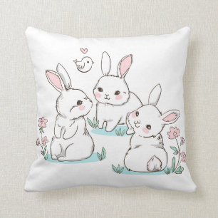 Coussin Lapin mignon lapins rose Fleurs de printemps Pâque