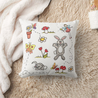 Coussin Lapins, Papillons, Fleurs & Fée