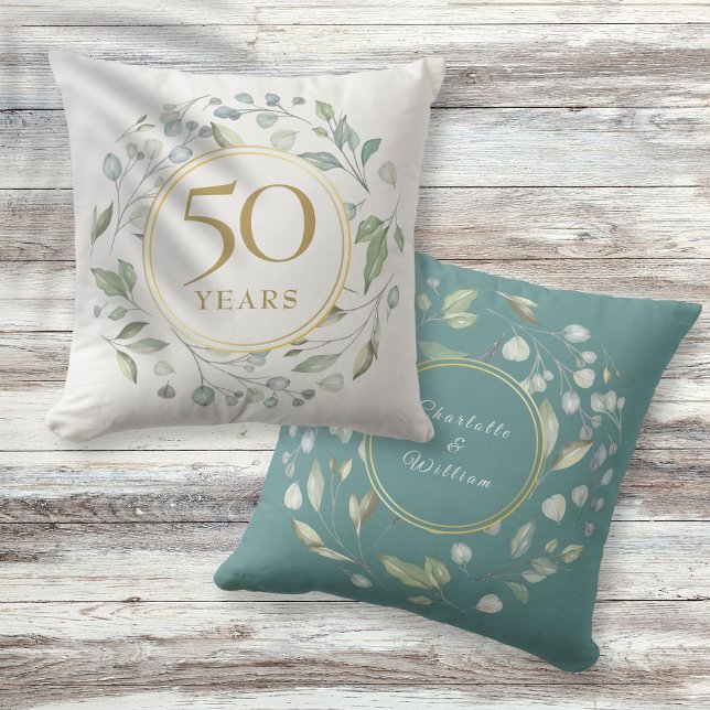 Coussin Laurel Garland Faux Gold 50 Anniversaire Mariage (Laurel Garland Faux Gold 50 Wedding Anniversary Throw Pillow)