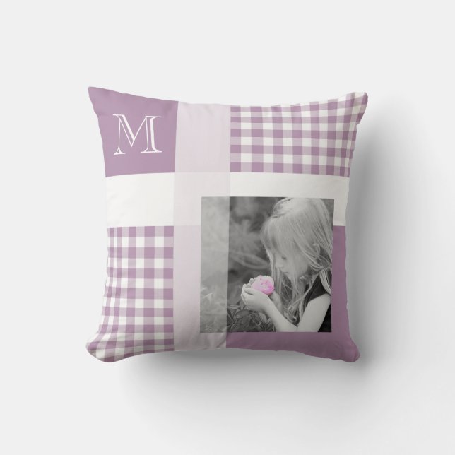 Coussin Lavande Ajouter Votre Photo En vichy Monogramme Mo (Recto)